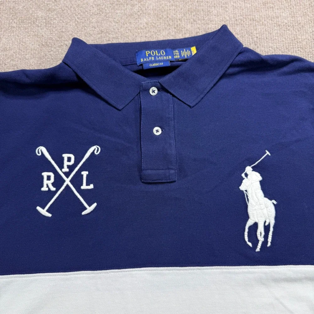 Polo Ralph Lauren XXL Navy White Dual Crossed Mallets Big Pony Mesh Knit Shirt 3